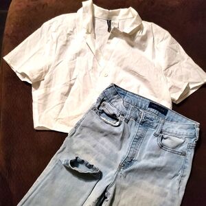 White Cropped Shirt and Light Blue Jeans